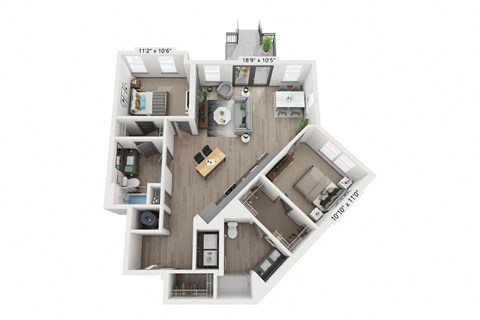 Floor plan for 2 beds, 2 baths, 1111 sqft